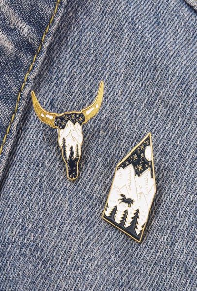 animal ox head night view knapsack brooches alloy mountain tree moon lapel pins for camping travel enamel badge clothes acc2299556, Gray